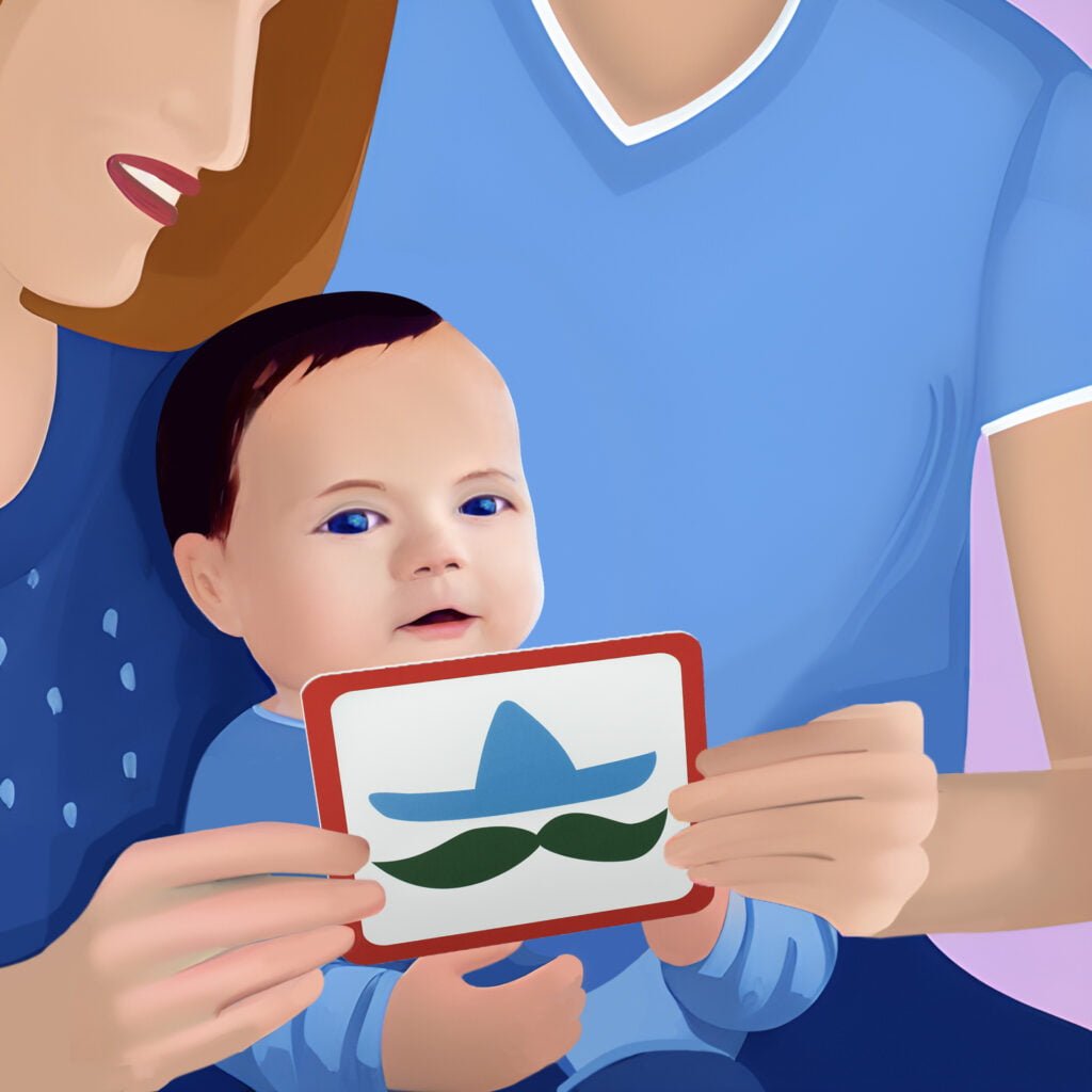sensolern Karteikarten - Eltern und Baby sehen sich eine Lernkarte an