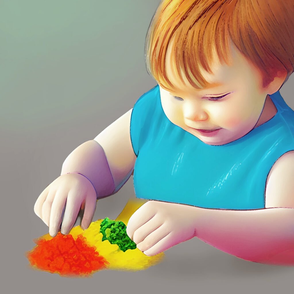 Illustration eines niedlichen kleinen Kleinkindes, das mit farbigem Reis spielt, um die Feinmotorik zu entwickeln