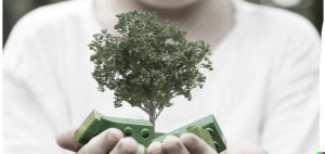 Ein kleines Mädchen, das Bausteine aus Biokunststoff hält, spielt mit einem kleinen symbolischen Baum, der aus den Bausteinen wächst